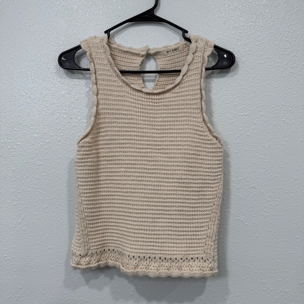 Miami Knit Tank Top Cream Textured Cropped Keyhole‎ Neck Size L